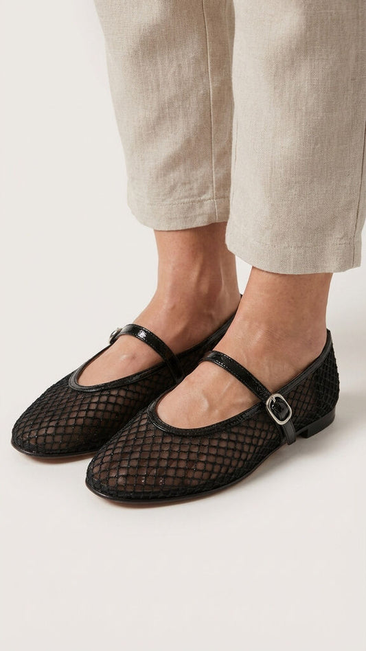 Black Perforated Ballet Flat with Buckle Strap
