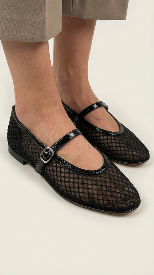 Black Perforated Ballet Flat with Buckle Strap
