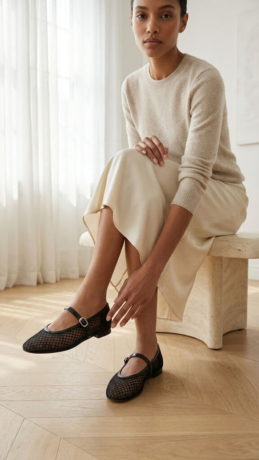 Black Perforated Ballet Flat with Buckle Strap