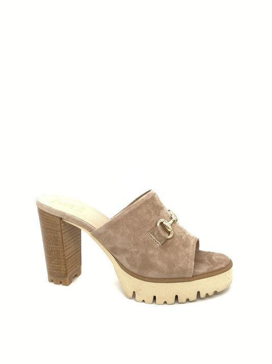 Taupe Suede Platform Heeled Mules with Bit Detail