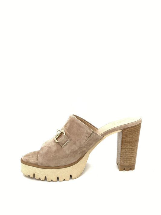 Taupe Suede Platform Heeled Mules with Bit Detail