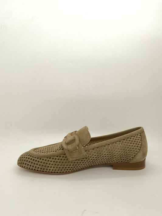 Tan Perforated Loafers with Buckle Detail