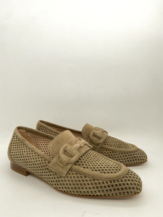 Tan Perforated Loafers with Buckle Detail