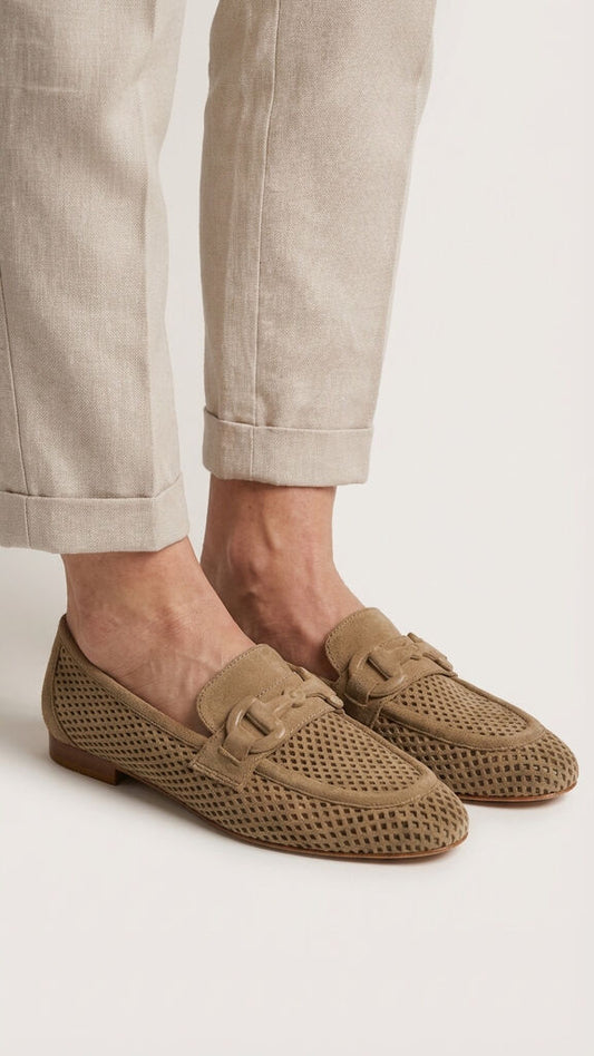 Tan Perforated Loafers with Buckle Detail