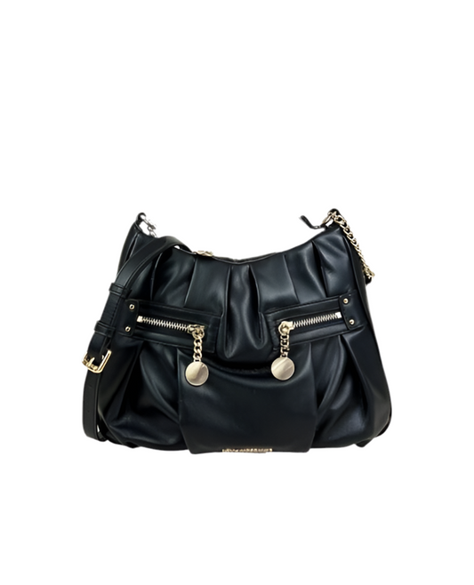 Black Gathered Leather Shoulder Bag with Chain Detail