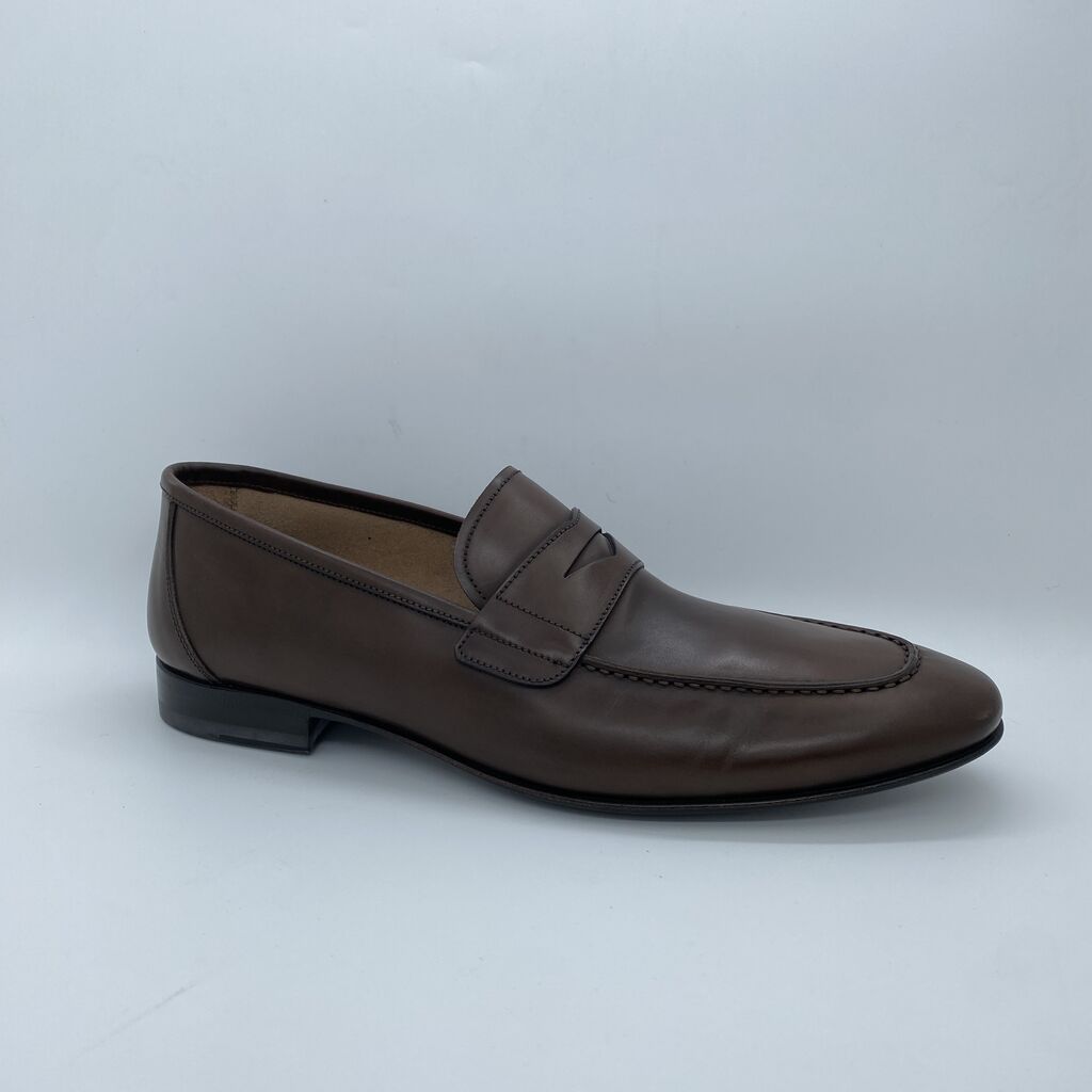 Brown Leather Penny Loafers with Low Block Heel