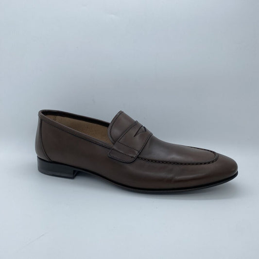 Brown Leather Penny Loafers with Low Block Heel