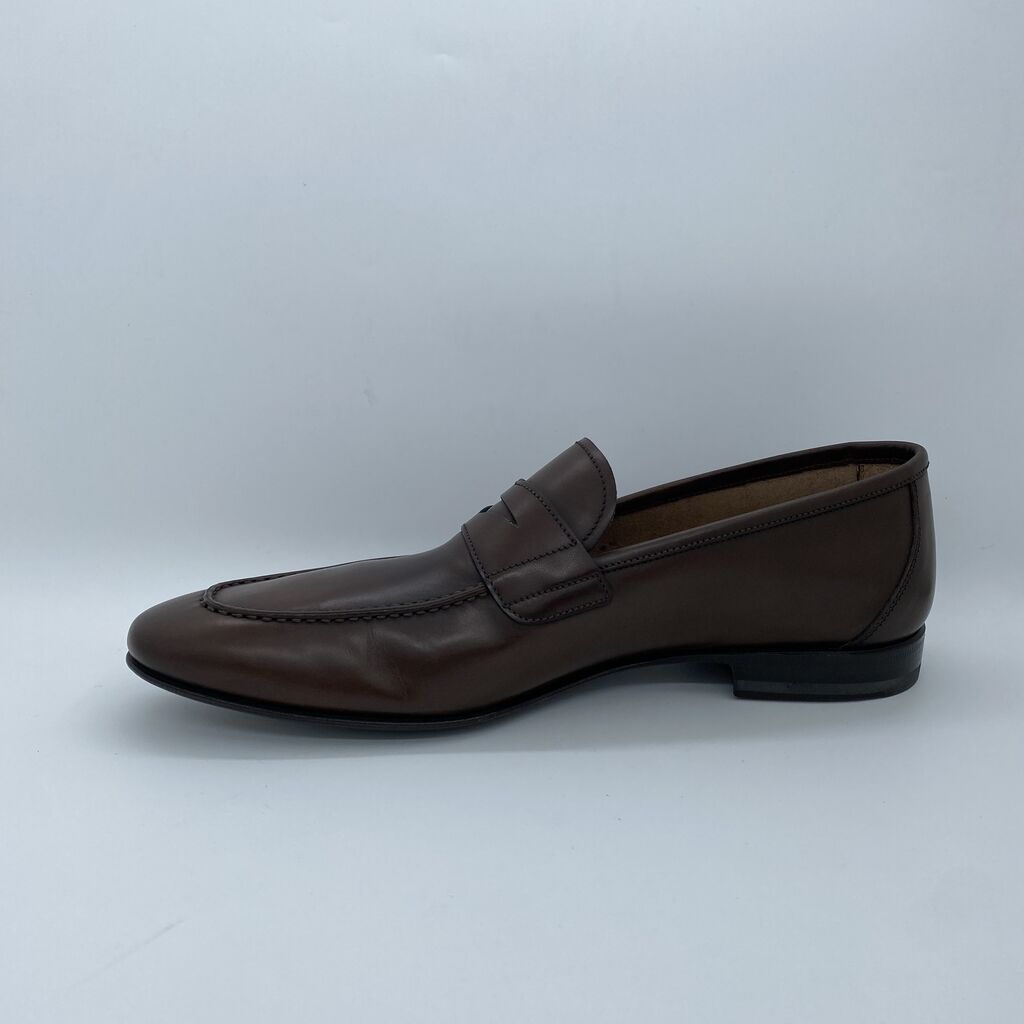 Brown Leather Penny Loafers with Low Block Heel