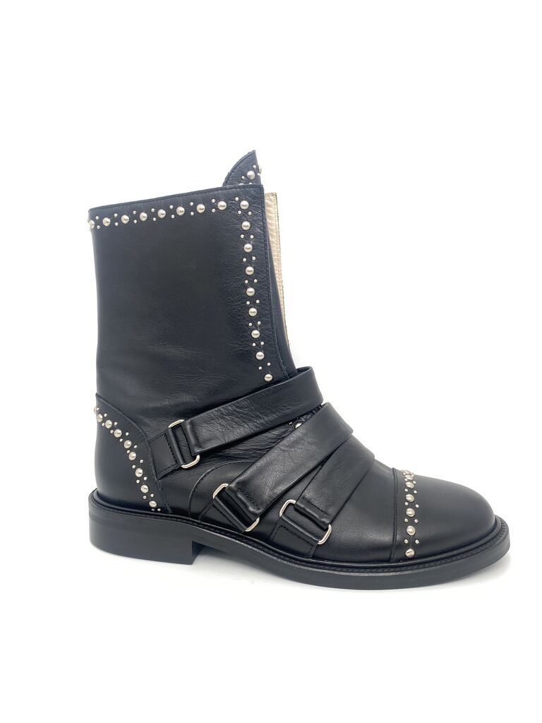 Black Studded Leather Ankle Boots with Buckle Straps