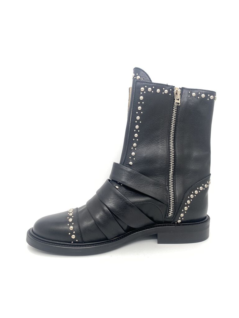Black Studded Leather Ankle Boots with Buckle Straps
