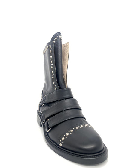 Black Studded Leather Ankle Boots with Buckle Straps
