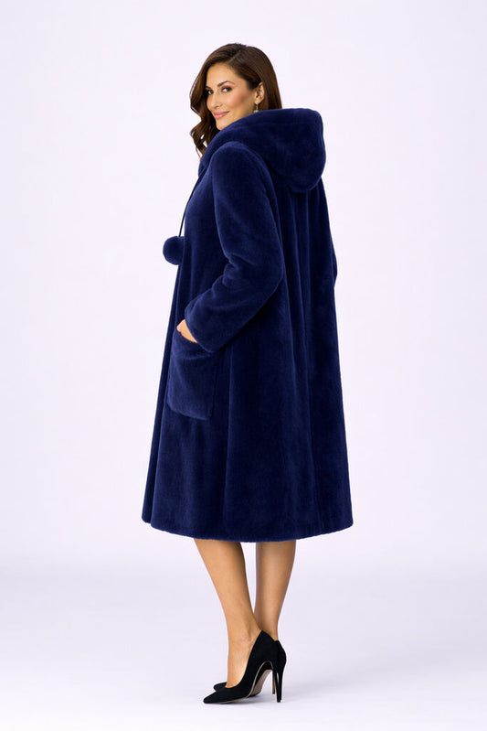 Navy Fur Hooded Coat with Pom Pom Details