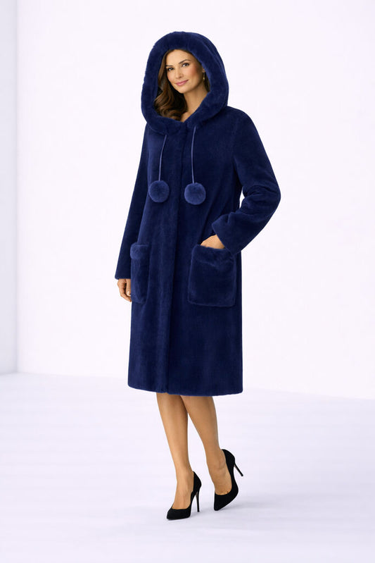 Navy Fur Hooded Coat with Pom Pom Details