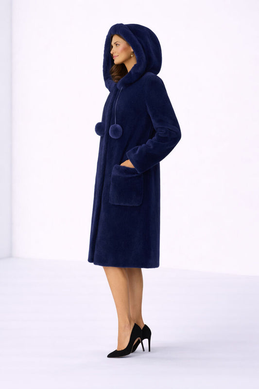 Navy Fur Hooded Coat with Pom Pom Details