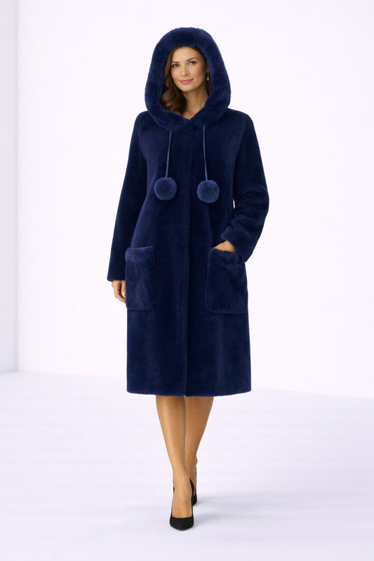 Navy Fur Hooded Coat with Pom Pom Details