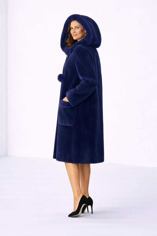 Navy Fur Hooded Coat with Pom Pom Details