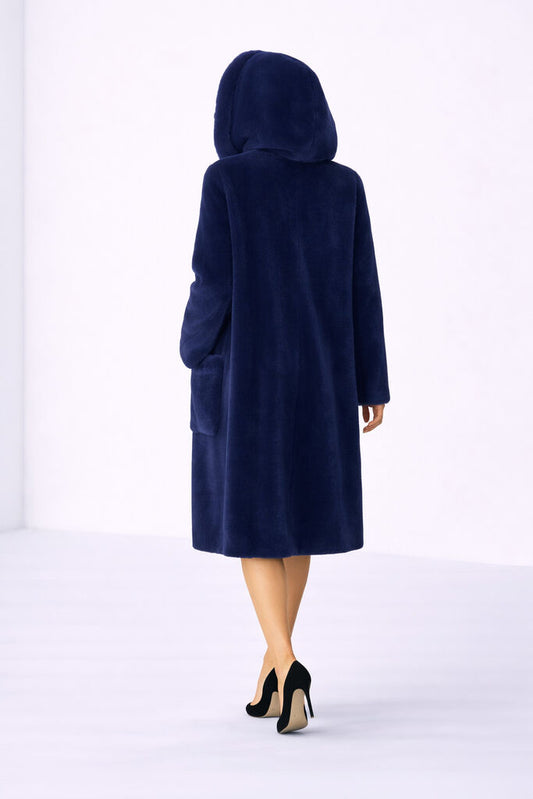 Navy Fur Hooded Coat with Pom Pom Details