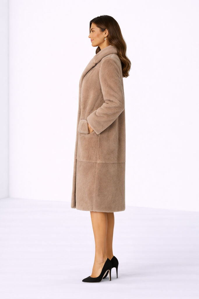 Beige Long Fur Coat with Notched Collar