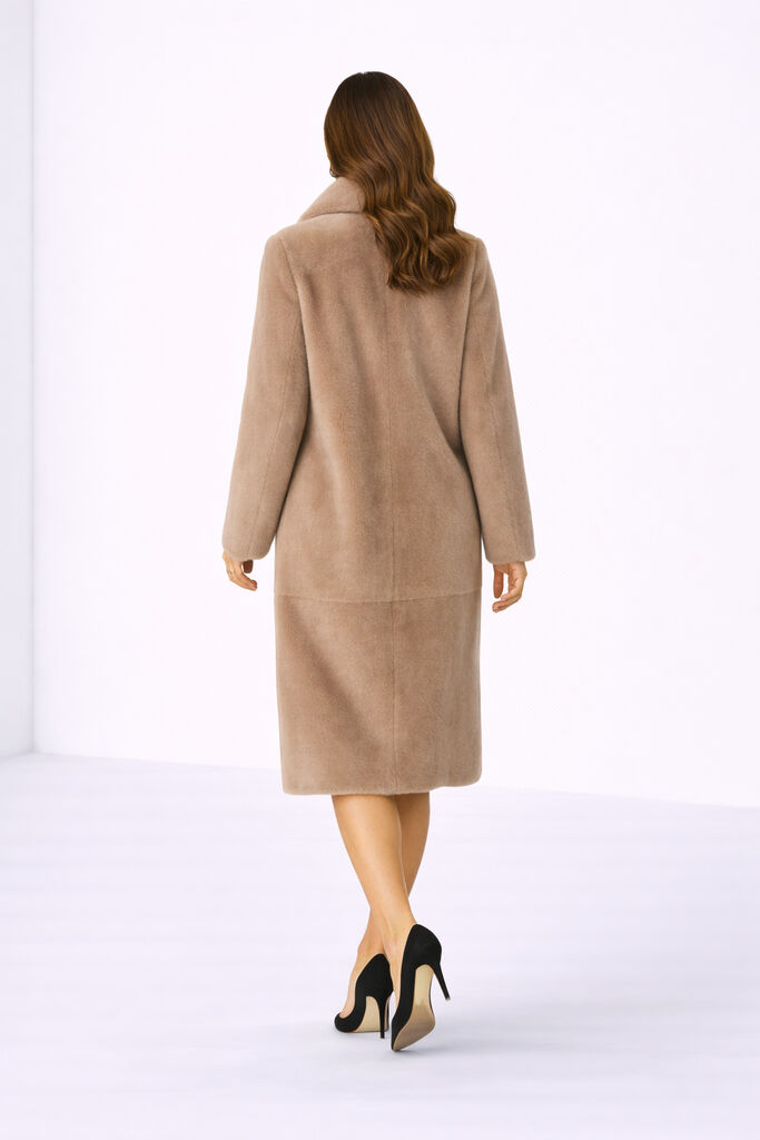 Beige Long Fur Coat with Notched Collar