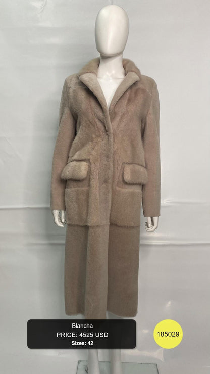 Beige Long Fur Coat with Notched Collar