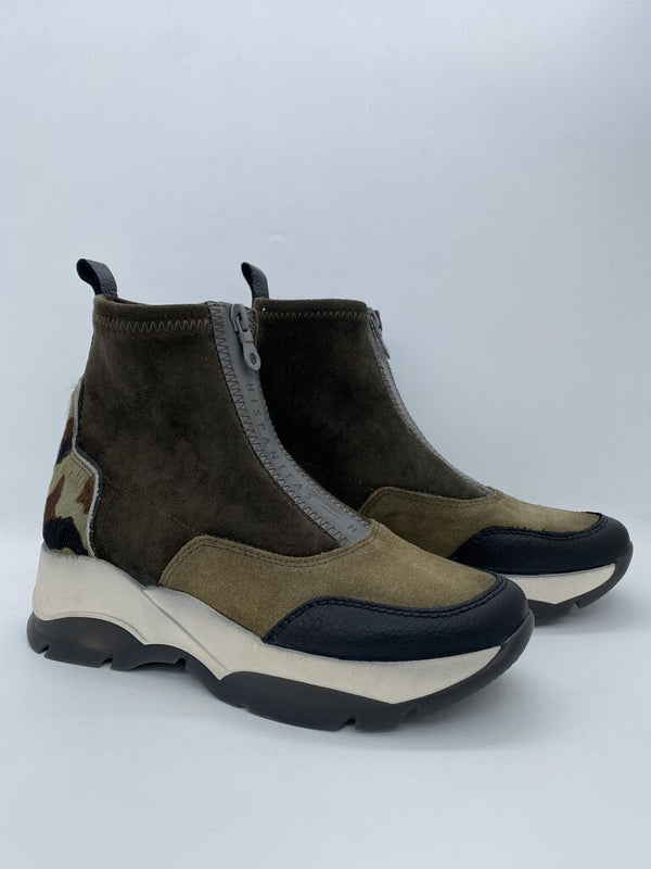 Olive Suede High-Top Sneakers with Front Zip