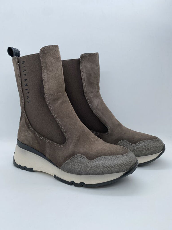 Taupe Suede Ankle Boots with Textured Details