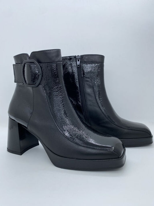 Black Patent Ankle Boots with Chunky Heel and Buckle