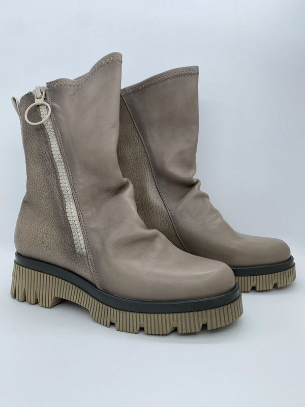 Taupe Leather Ankle Boots with Side Zipper