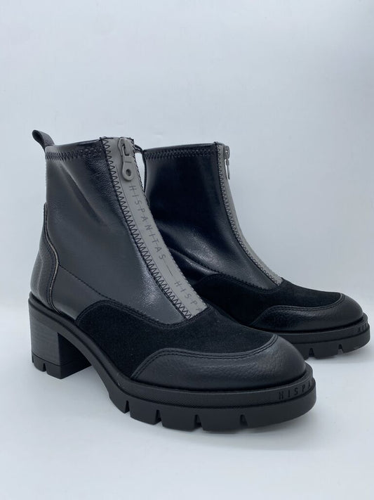 Black Leather Ankle Boots with Front Zipper
