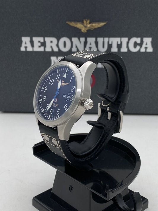 Blue Dial Stainless Steel Pilot Watch with Leather Strap