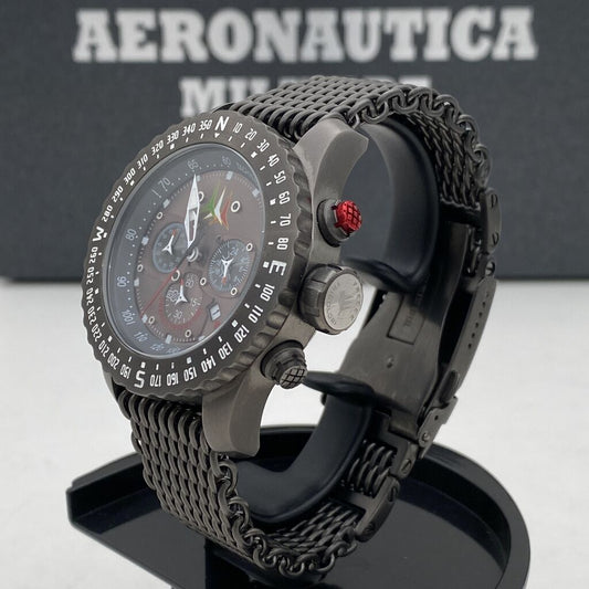 Metallic Mesh Chronograph Watch with Compass Bezel