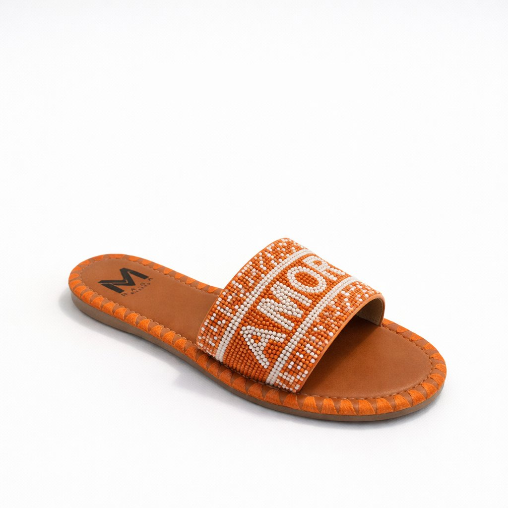 Orange Beaded Slide Sandals with Geometric Accents