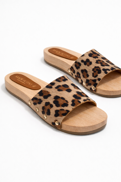 Leopard Print Slide Sandals with Wooden Sole