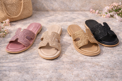 Pink Gemstone Embellished Slide Sandals