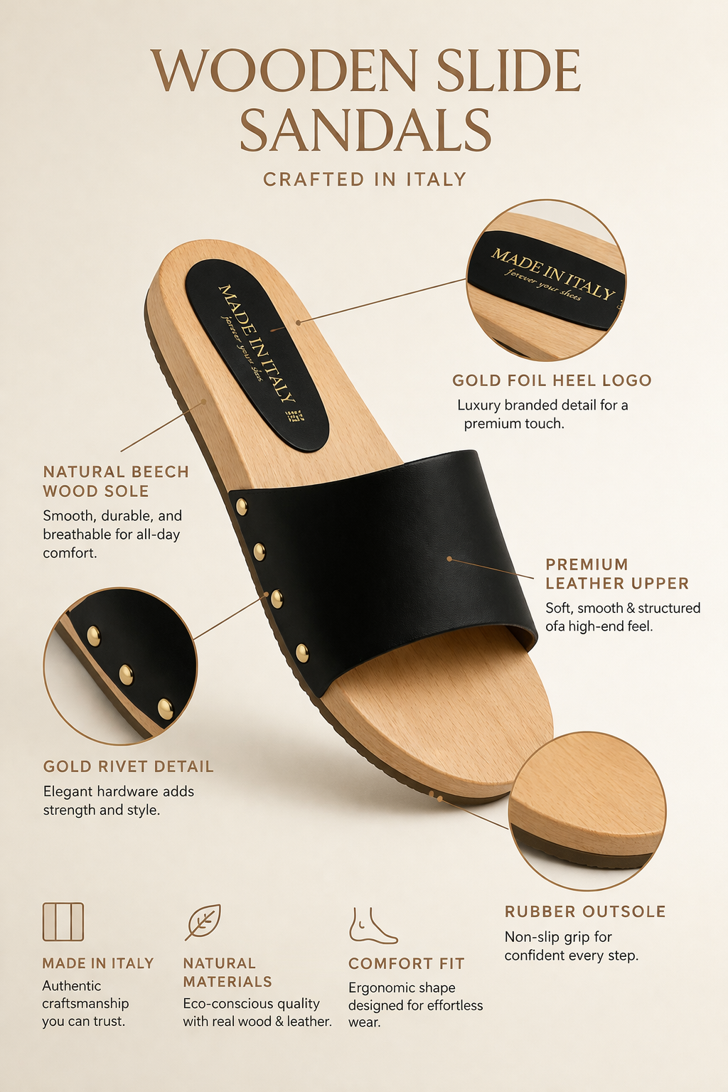Black Slide Sandals with Wood Sole and Rivet Detail