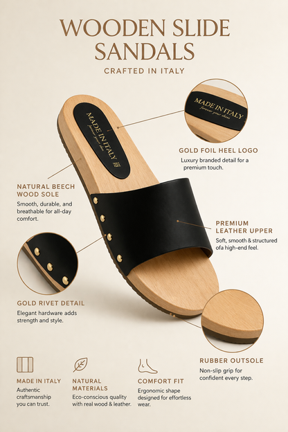 Black Slide Sandals with Wood Sole and Rivet Detail