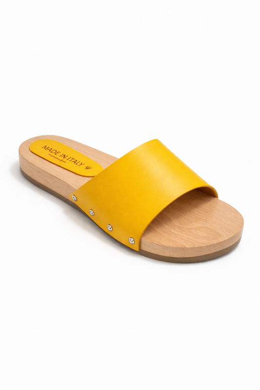 Yellow Wooden Slide Sandals with Rivet Detail