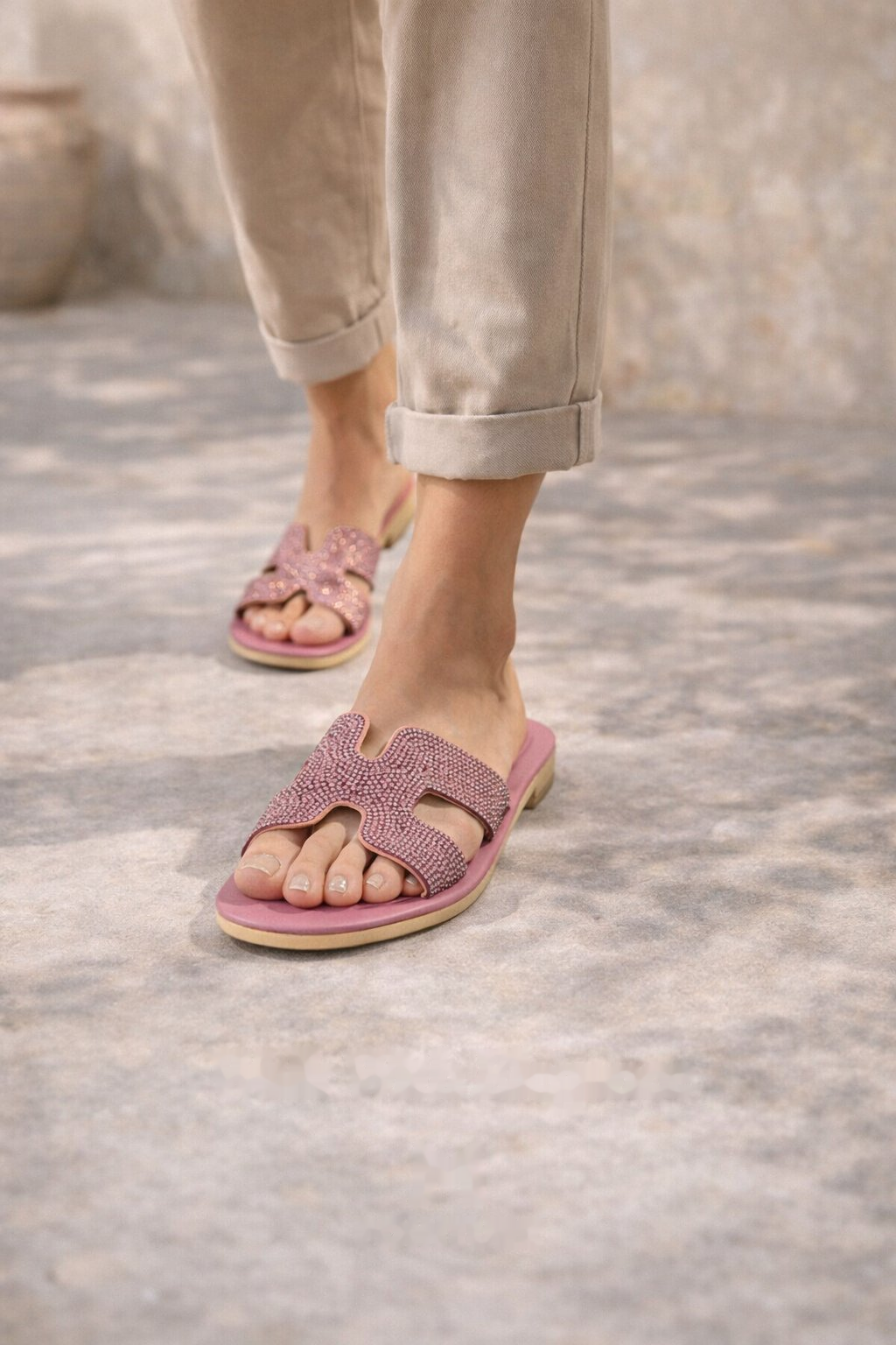Pink Gemstone Embellished Slide Sandals