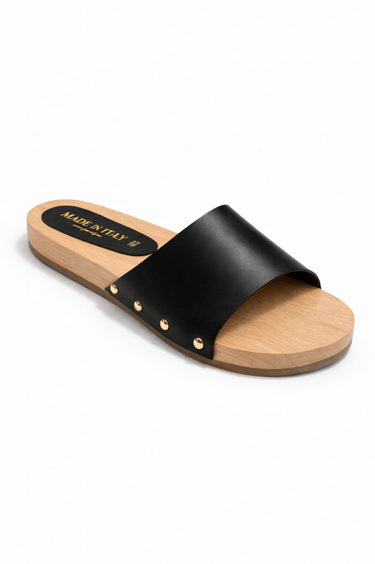 Black Slide Sandals with Wood Sole and Rivet Detail