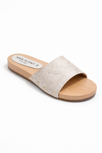 Beige Embossed Slide Sandals with Wooden Sole