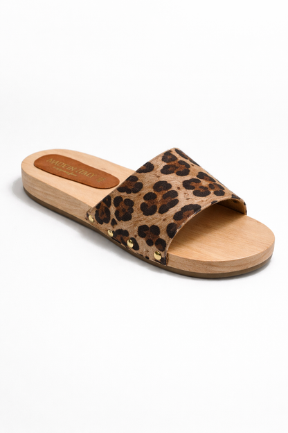 Leopard Print Slide Sandals with Wooden Sole