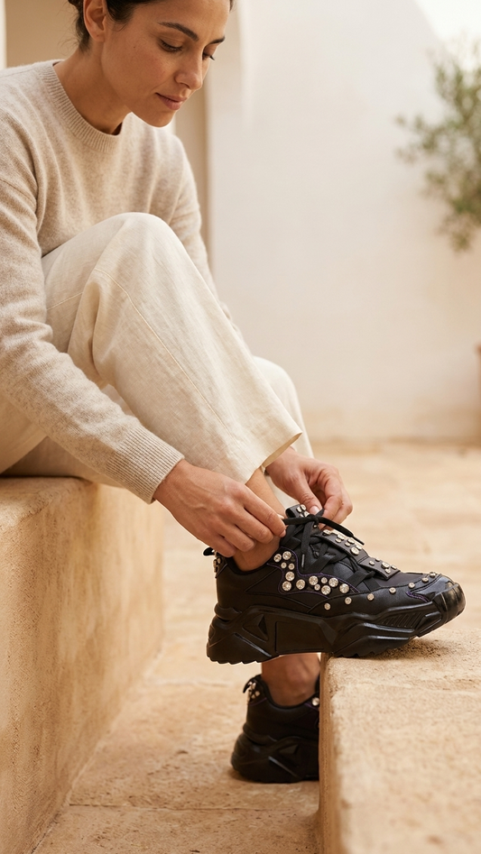 Black Embellished Athletic Sneakers with Rhinestones